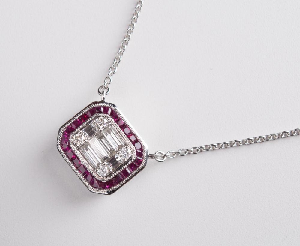 Appraisal: ART DECO DIAMOND AND RUBY NECKLACE with a length of