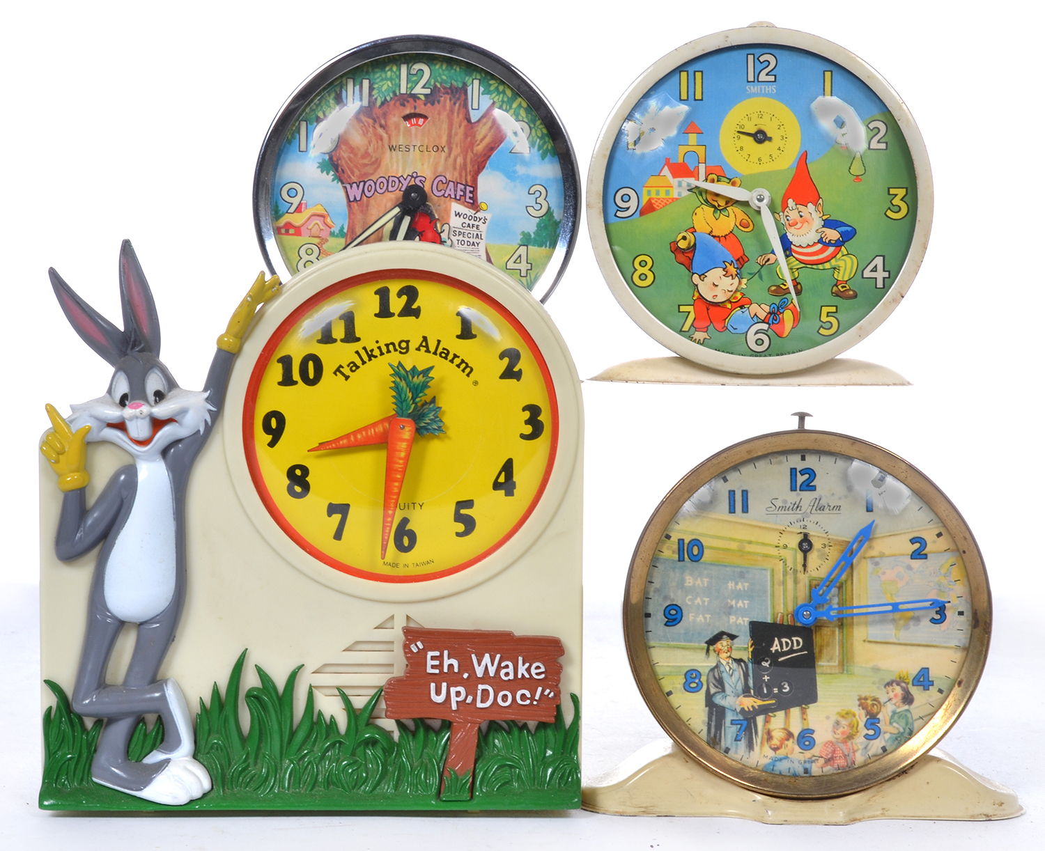 Appraisal: A COLLECTION OF FOUR NOVELTY ALARM CLOCKS INCLUDING WEST CLOX