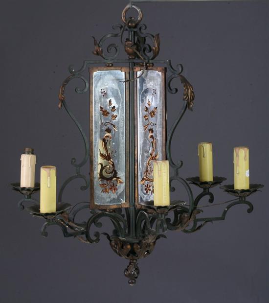 Appraisal: PAINTED AND PARCEL-GILT SIX-LIGHT CHANDELIER th century with paint decorated