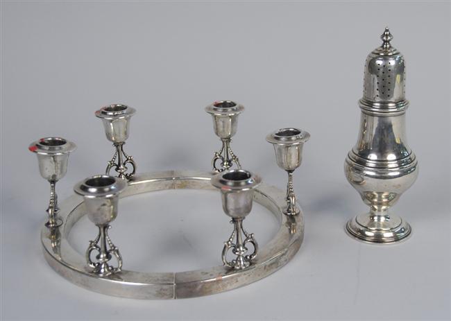 Appraisal: PAIR OF AMERICAN SILVER THREE LIGHT CANDLE HOLDERS and a