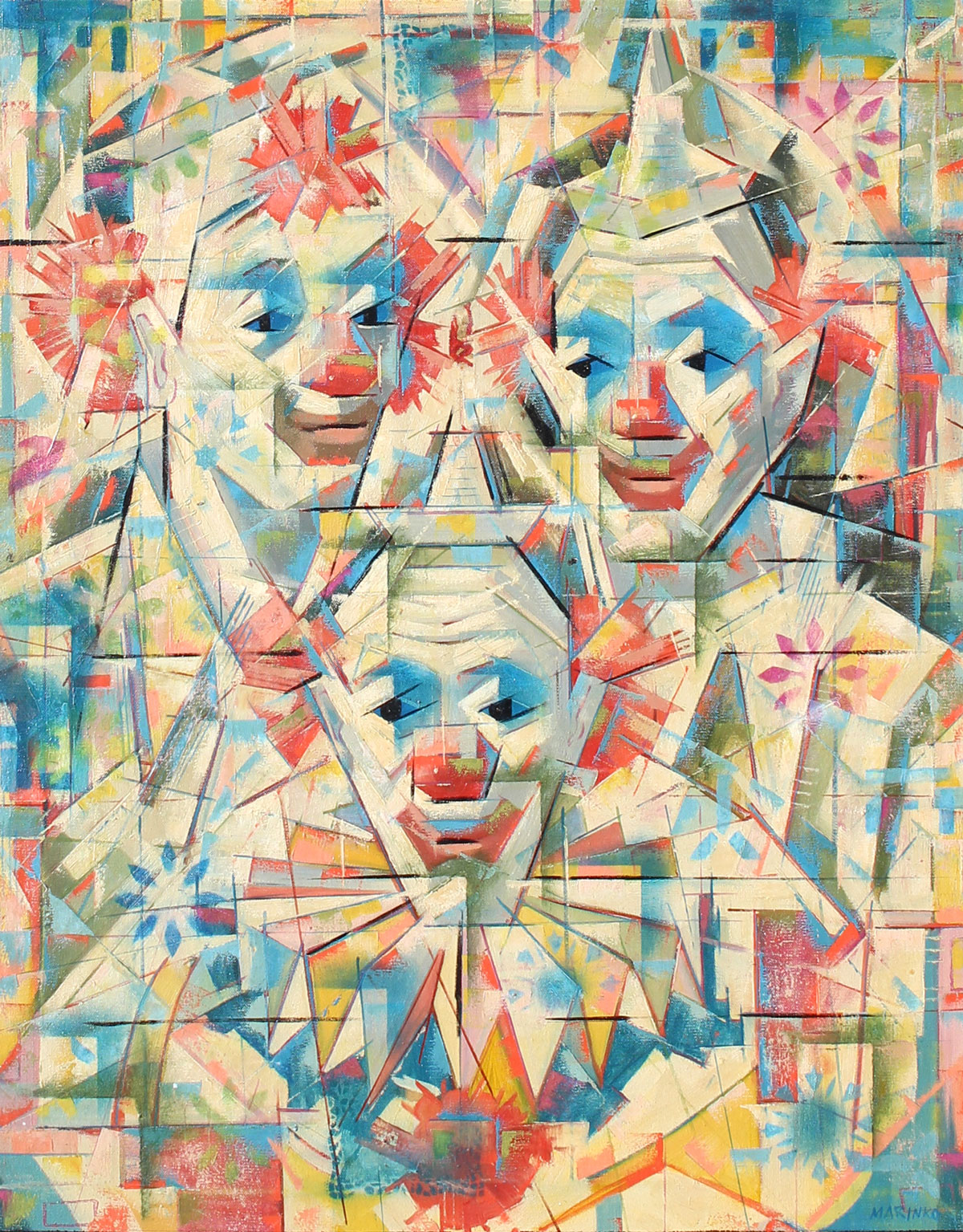 Appraisal: MARINKO George American - Cubist Composition of Clowns Oil Canvas