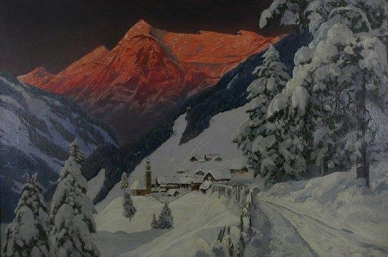 Appraisal: Alois ArneggerView of Kitzsteinhorn a snowy landscape with the sun