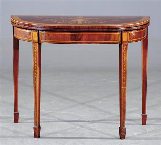 Appraisal: English Hepplewhite inlaid mahogany games table circa demilune top inlaid