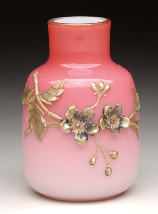 Appraisal: DECORATED GLOSSY SATIN VASE Applied and enameled gold floral and