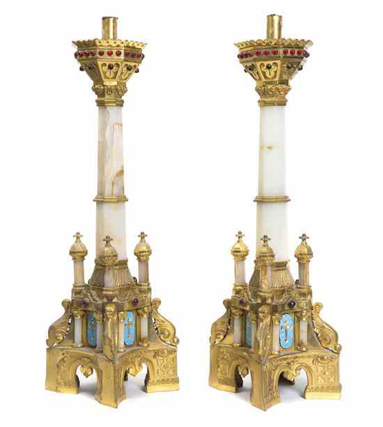 Appraisal: A Pair of Ecclesiastical Gilt Bronze and Onyx Pricket Sticks