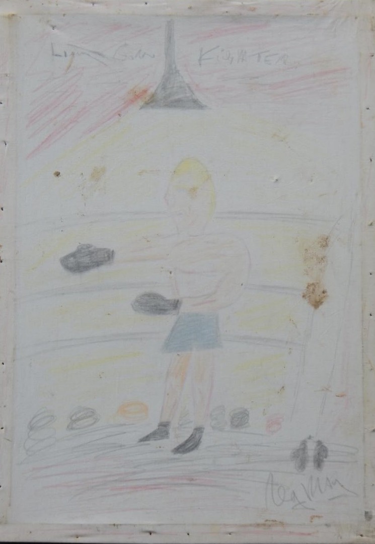 Appraisal: Reginald Kray - Liam born fighter crayon on canvas signed