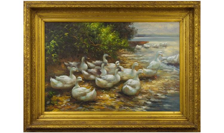 Appraisal: G Roy Large Oil on canvas Ducks on the Lake