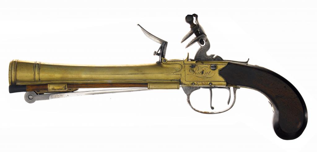 Appraisal: A WATERS PATENT FLINTLOCK BLUNDERBUSS PISTOL the swamped brass barrel