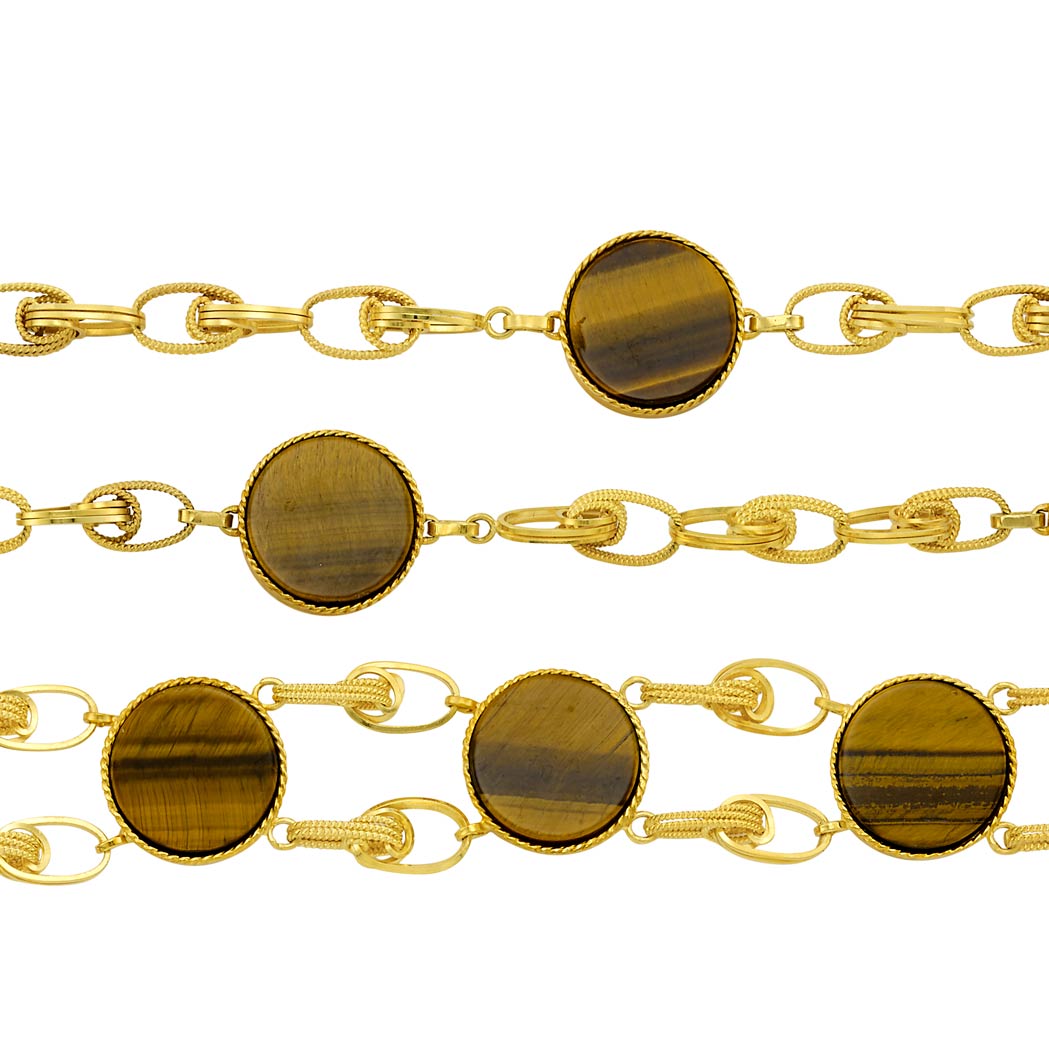 Appraisal: Long Gold and Tiger's Eye Necklace and Bracelet kt tiger's