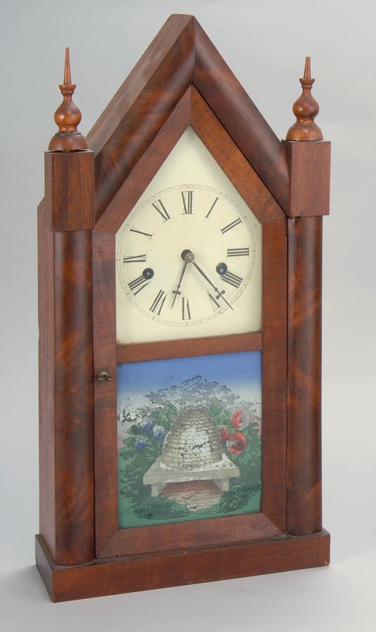 Appraisal: ANTIQUE STEEPLE CLOCK th CenturyDial painted white Reverse-painted lower tablet