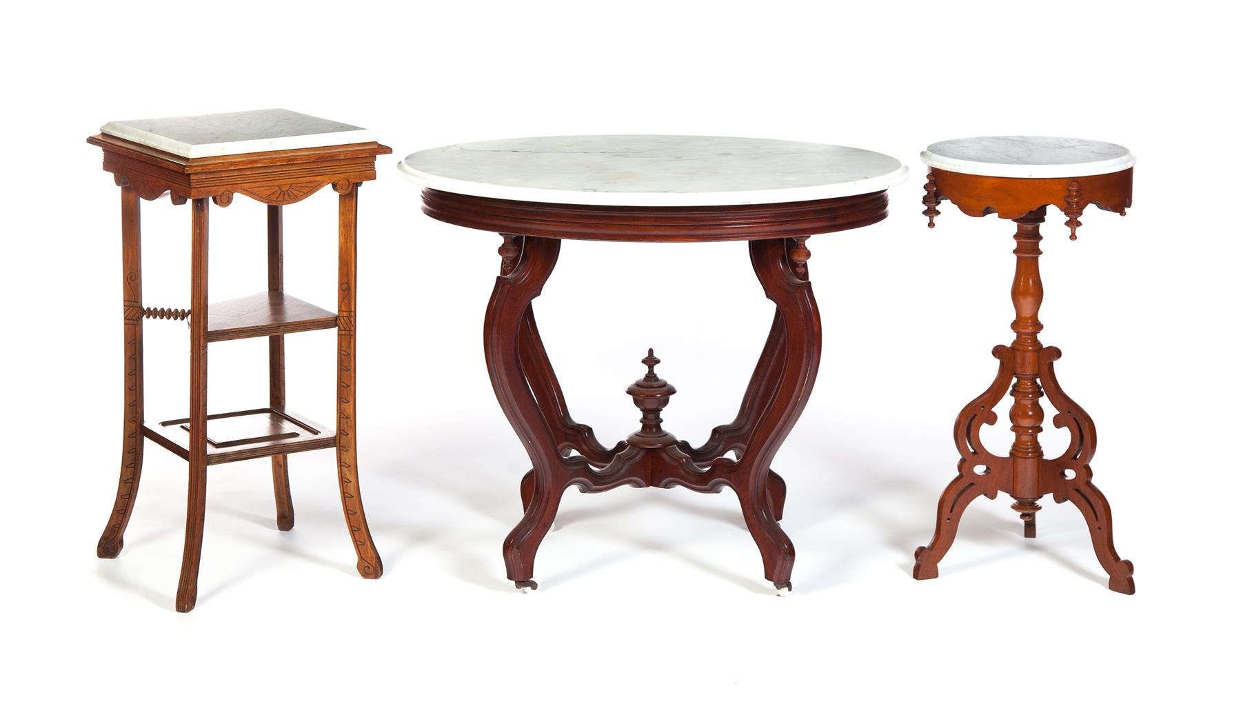 Appraisal: THREE VICTORIAN PARLOR MARBLE TOP STANDS American nd half- th