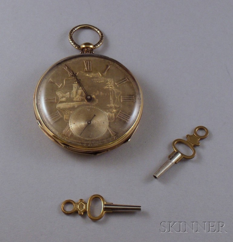 Appraisal: kt Gold Etched Dial Open Face -jewel Key-wind Pocket Watch