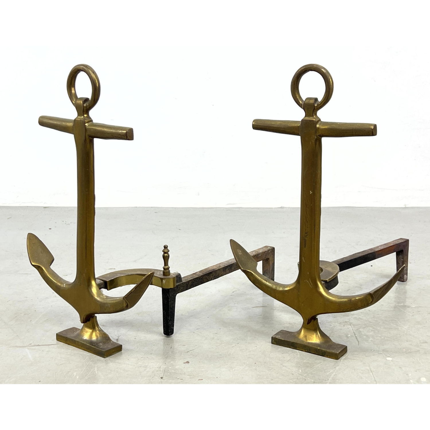 Appraisal: Pr Brass Anchor Figural Andirons Nautical Maritime Dimensions H inches