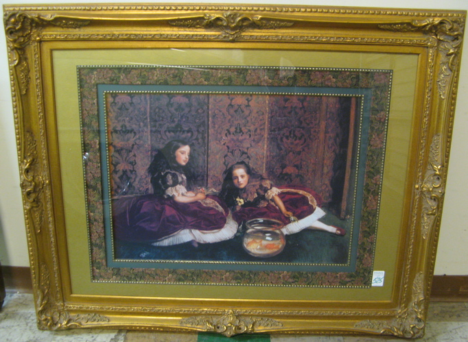 Appraisal: LARGE VICTORIAN STYLE COLOR PRINT two young girls seated near