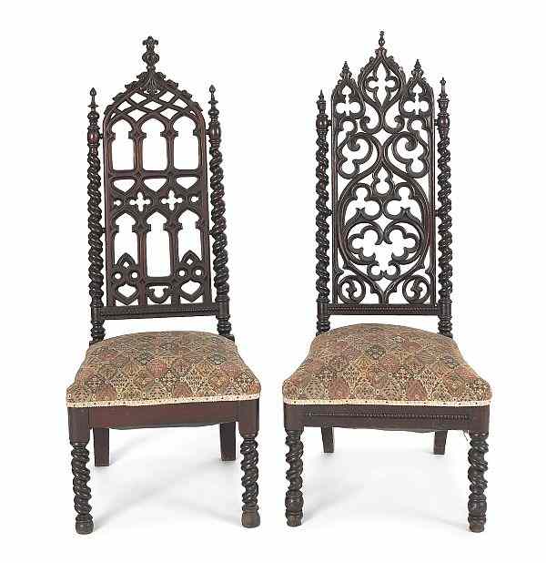 Appraisal: Two Gothic revival carved walnut cathedral chairs ca