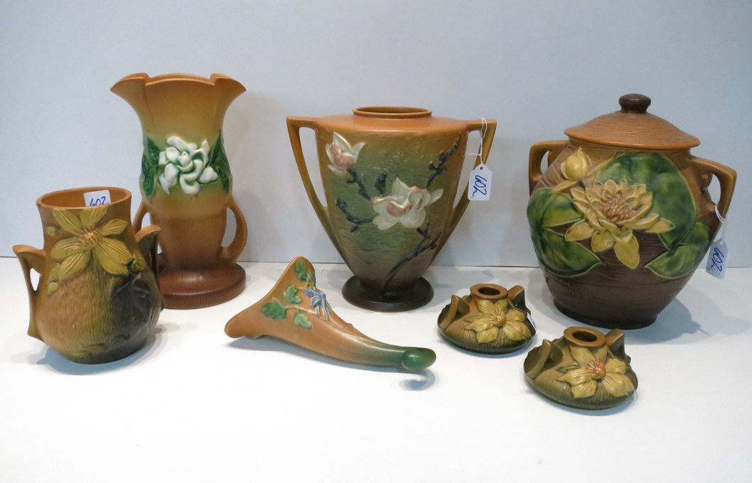 Appraisal: SEVEN ROSEVILLE ART POTTERY VESSELS vase - in the Gardenia