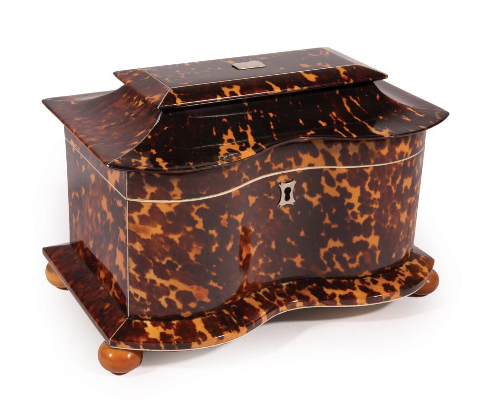 Appraisal: George III Tortoiseshell Sarcophagus-Form Tea Caddy th c interior with