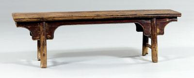 Appraisal: Chinese elm bench mortise-and-tenon construction heavy grained top flanged apron