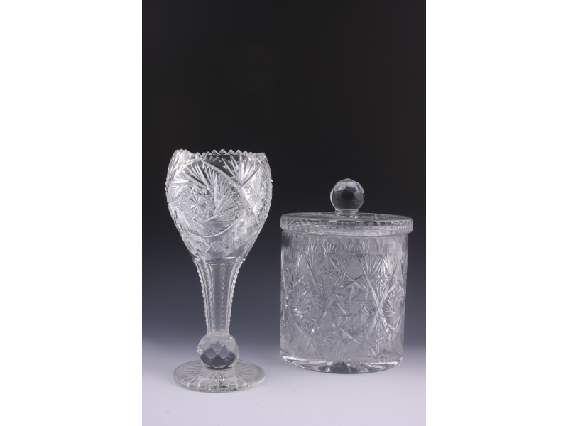 Appraisal: Cut Glass Biscuit Jar Vase both with pinwheel design the