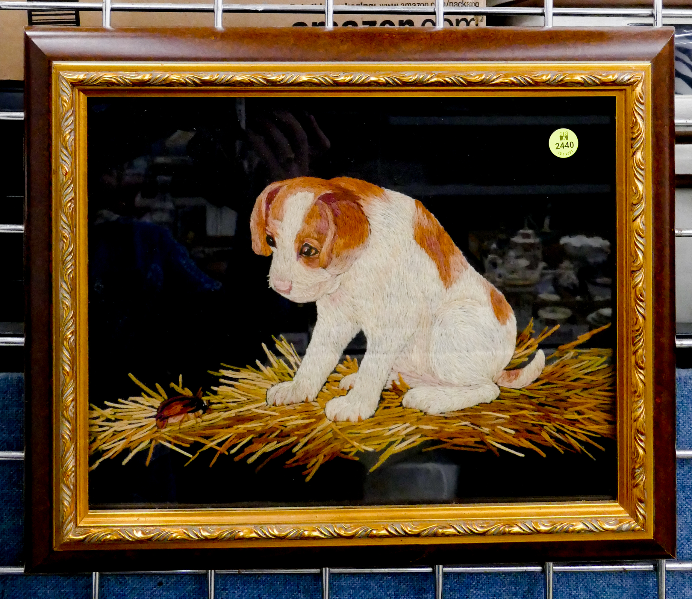 Appraisal: Vintage Dog with Beetle Needlework Framed- x ''