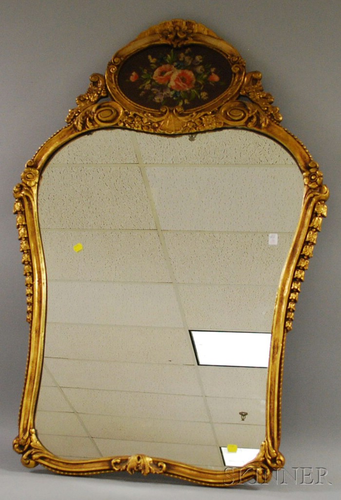 Appraisal: Late Victorian Gilt-gesso and Wood Trumeau Mirror with painted floral-decorated