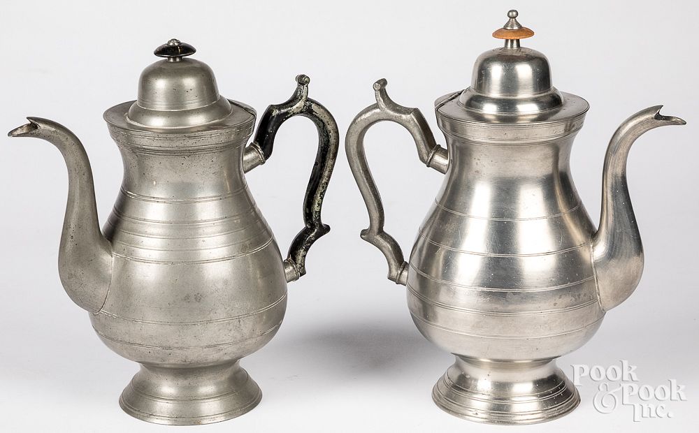 Appraisal: Two Maine pewter coffee pots Two Maine pewter coffee pots