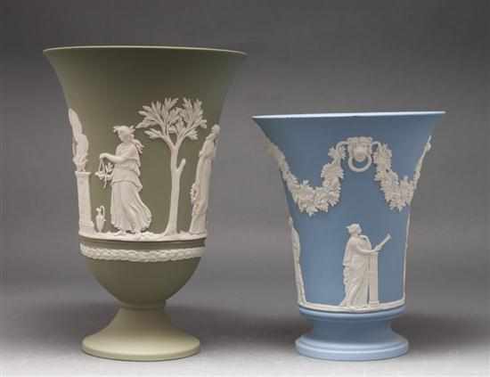 Appraisal: Wedgwood blue and white jasperware beaker-form vase and a similar