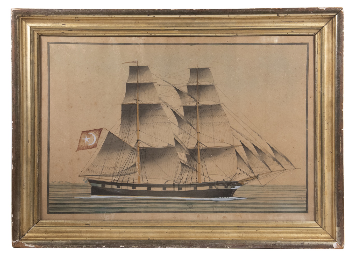 Appraisal: TH C WATERCOLOR OF TWO-MASTED OTTOMAN GUNSHIP Sixteen Gun Corvette