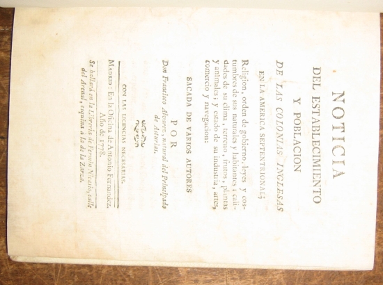 Appraisal: ALVAREZ FRANCISCO Noticia del Establicimiento y Poblacion de las Colonias