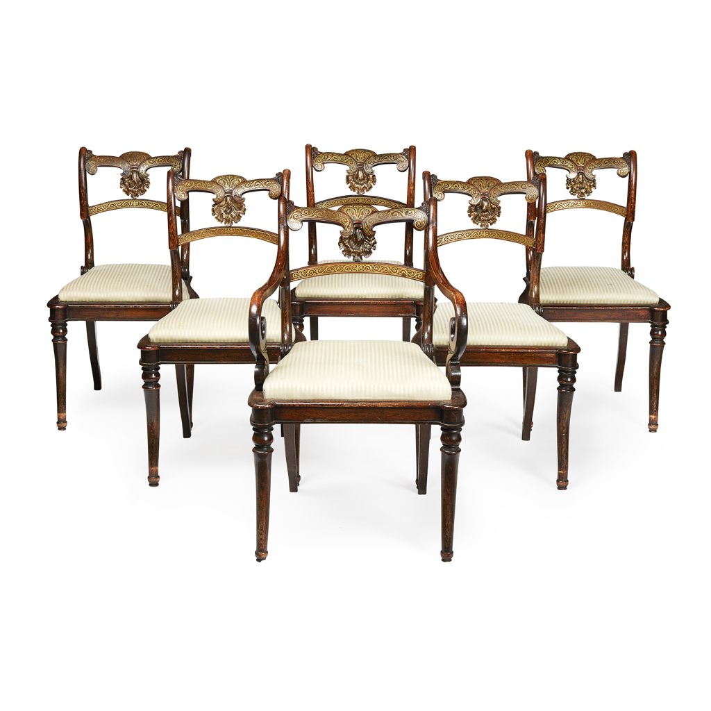 Appraisal: SET OF SIX REGENCY GRAIN-PAINTED AND BRASS INLAY DINING CHAIRS