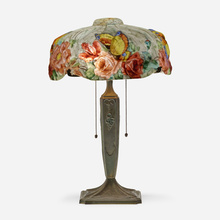 Appraisal: Pairpoint Puffy Papillon table lamp with butterflies USA reverse-painted frosted