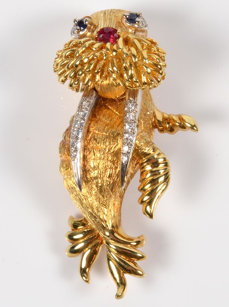 Appraisal: Diamond Ruby Sapphire Kt Gold Walrus Brooch Vintage diamond ruby