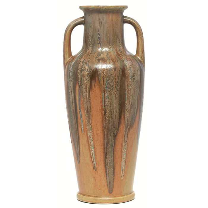 Appraisal: Denbac vase double handled form covered with a brown blue