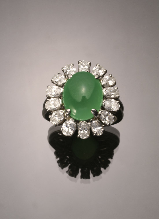 Appraisal: Platinum Diamond and Green Jadeite Jade Dinner Ring The four-prong