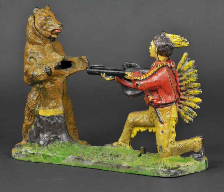 Appraisal: INDIAN SHOOTING BEAR MECHANICAL BANK Brown color J E Stevens