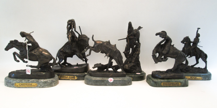 Appraisal: SIX CAST BRONZE SCULPTURES AFTER FREDERIC REMINGTON Rattlesnake Wicked Pony