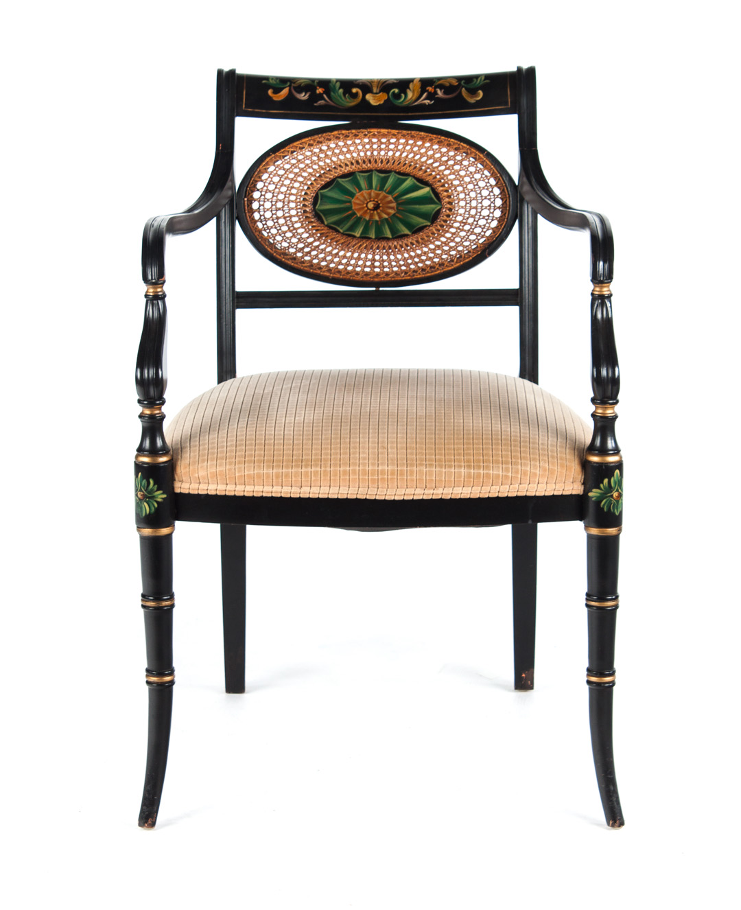 Appraisal: Adam style ebonized armchair paint decorated and caned paneled back