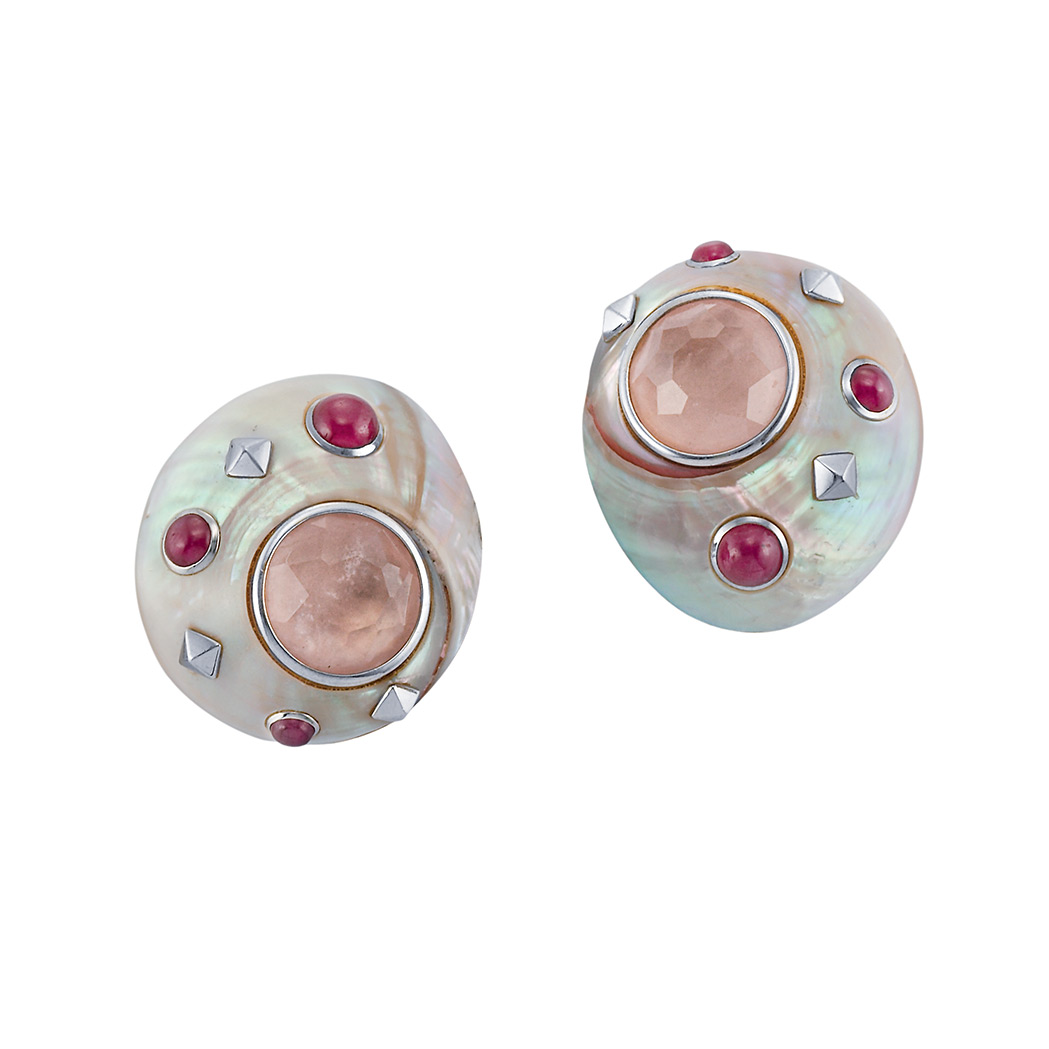 Appraisal: Pair of White Gold Shell Rose Quartz and Cabochon Ruby