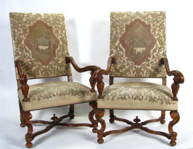 Appraisal: Pair th Century Pettipoint arm chairs acanthus leaf and scroll