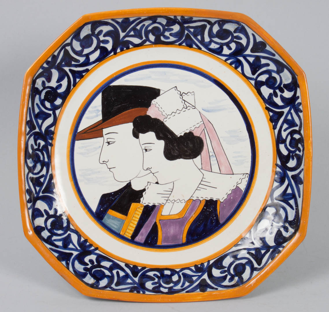 Appraisal: Hubaudiere Quimper compote circa s stylized profile portraits of peasant