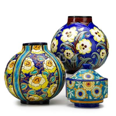 Appraisal: BOCH FRERES Two crackleware ceramic vessels and one humidor Belgium