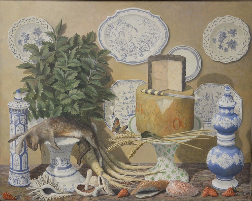 Appraisal: George Oakes British - Trompe l'oeil Still life with blue