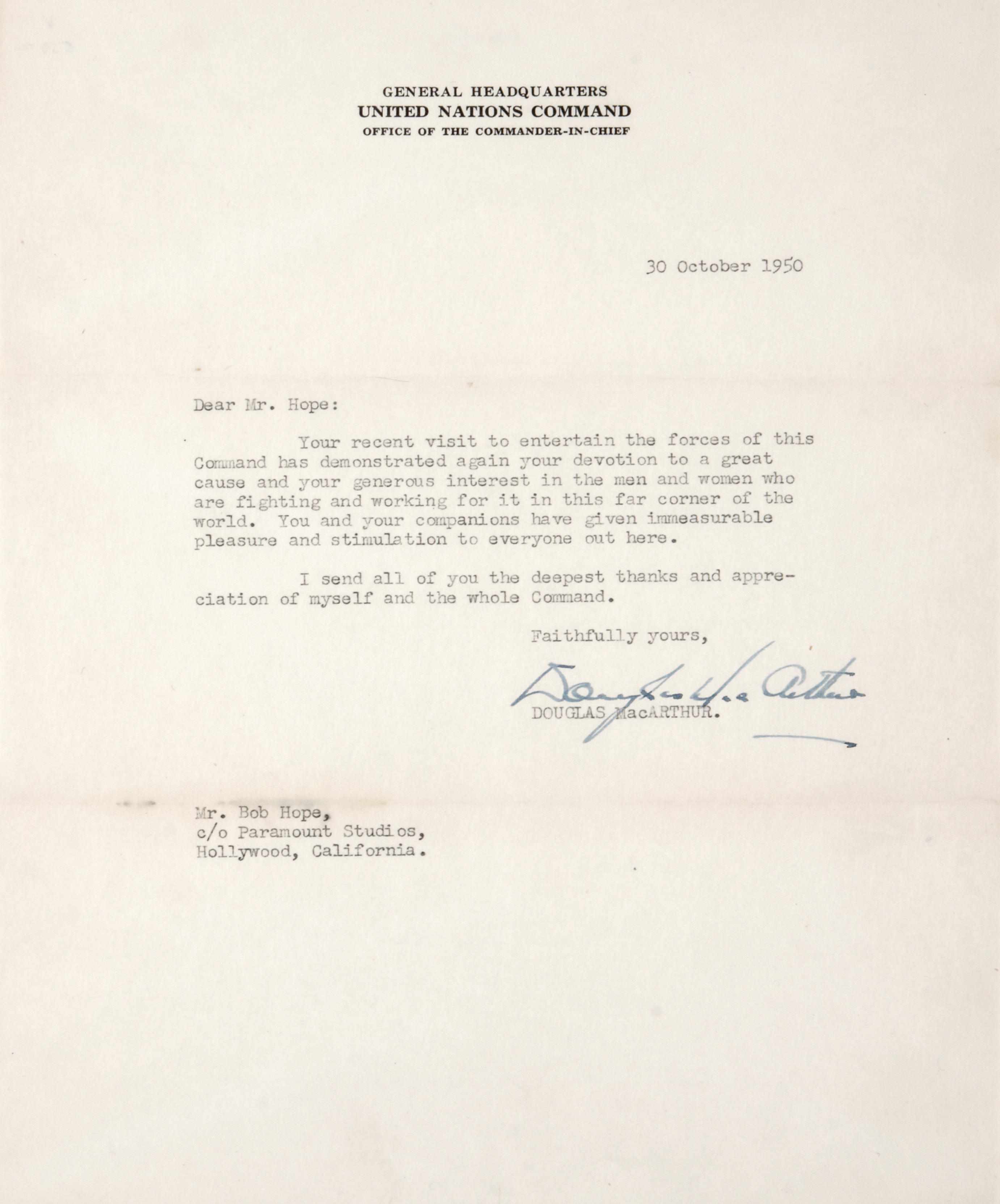 Appraisal: MACARTHUR DOUGLAS - LETTER TO BOB HOPE Typed Letter Signed