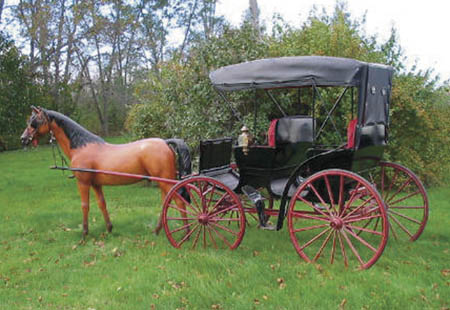 Appraisal: HORSE DRAWN TWO SEAT CARRIAGE Black carriage with red wheels