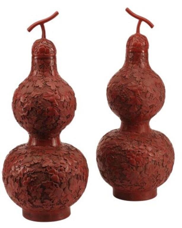 Appraisal: pair Chinese cinnabar double gourd vases with covers six character