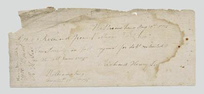 Appraisal: Richard Henry Lee autograph receipt Williamsburg August th to William