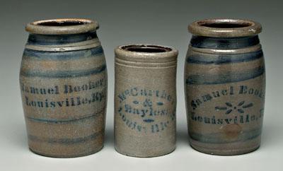 Appraisal: Three Kentucky stoneware canning jars salt glazed with blue stenciling