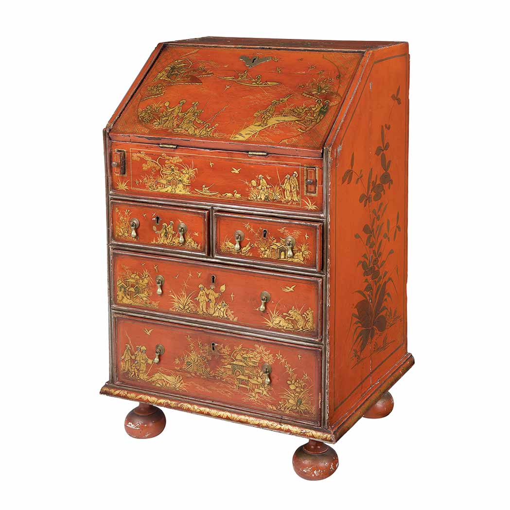 Appraisal: George I Japanned Diminutive Bureau The rectangular hinged flap opening