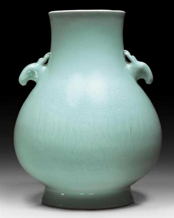 Appraisal: CELADON VASE WITH DEER HANDLES China Republic height cm Swiss