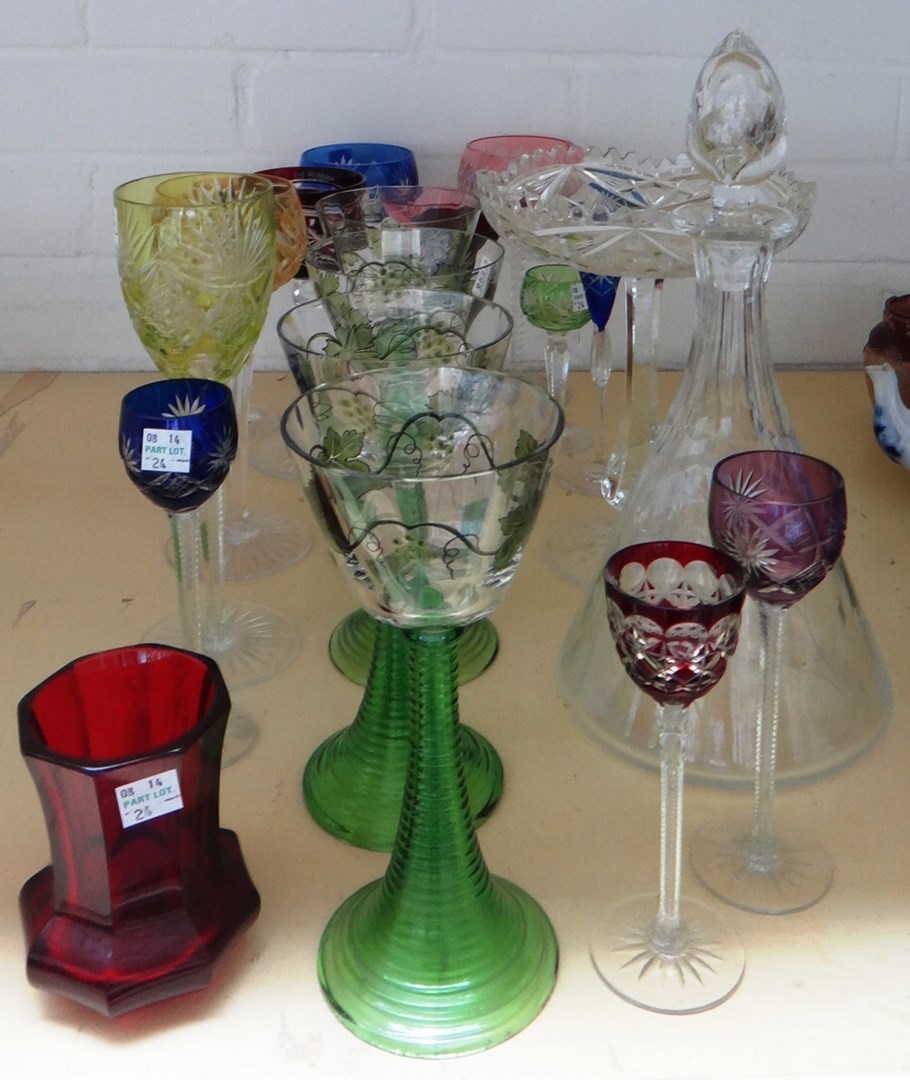 Appraisal: A quantity of coloured glasswares including hock glasses four Theriesenthal